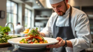 Professional chef plating sophisticated vegetable-forward dish with fresh herbs and artistic garnish in modern open kitchen setting, natural lighting highlighting ingredient quality and culinary expertise