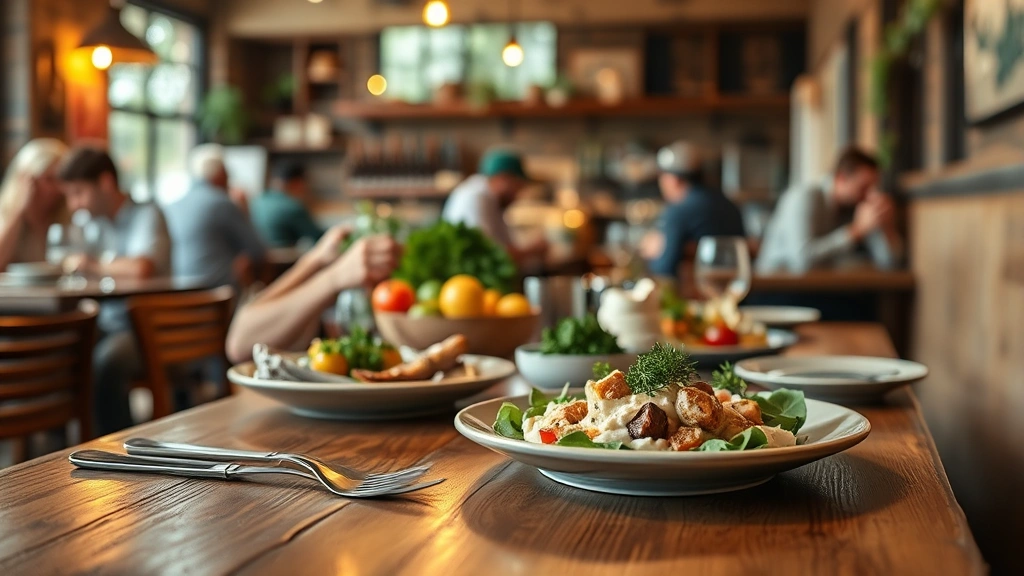 Rustic wooden dining table with locally-sourced seasonal meal components artfully arranged, farm produce in background, warm ambient lighting creating intimate bistro atmosphere with customers dining in soft focus