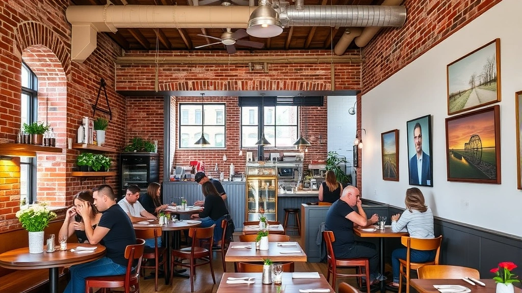 Market bistro interior with exposed brick, open kitchen visible, customers engaged in dining experience, natural wood furnishings, pendant lighting, fresh flowers and local artwork on walls, authentic community gathering space