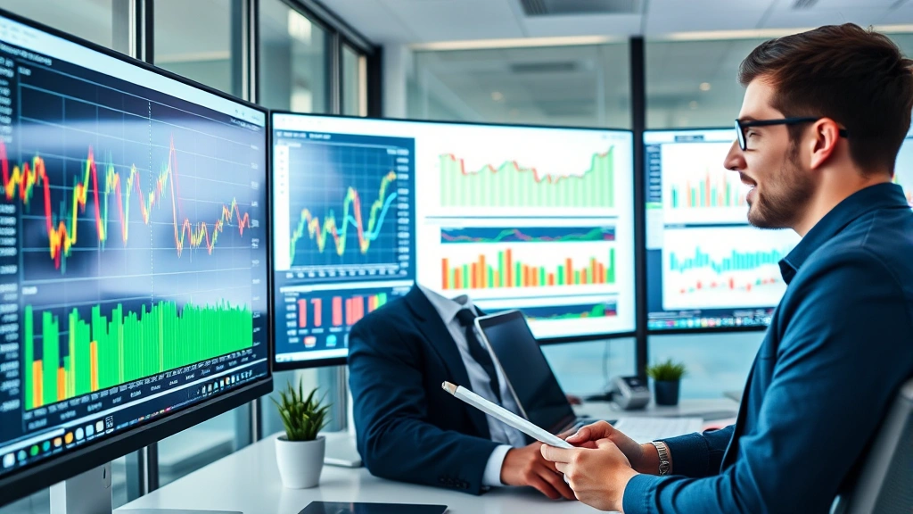 Professional economist in modern office reviewing colorful market trend charts and economic data visualizations on large monitors, analytical focused expression