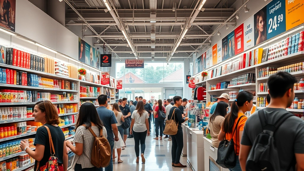 Busy retail store interior with diverse customers shopping, well-stocked shelves, modern checkout area, natural lighting showing vibrant marketplace activity