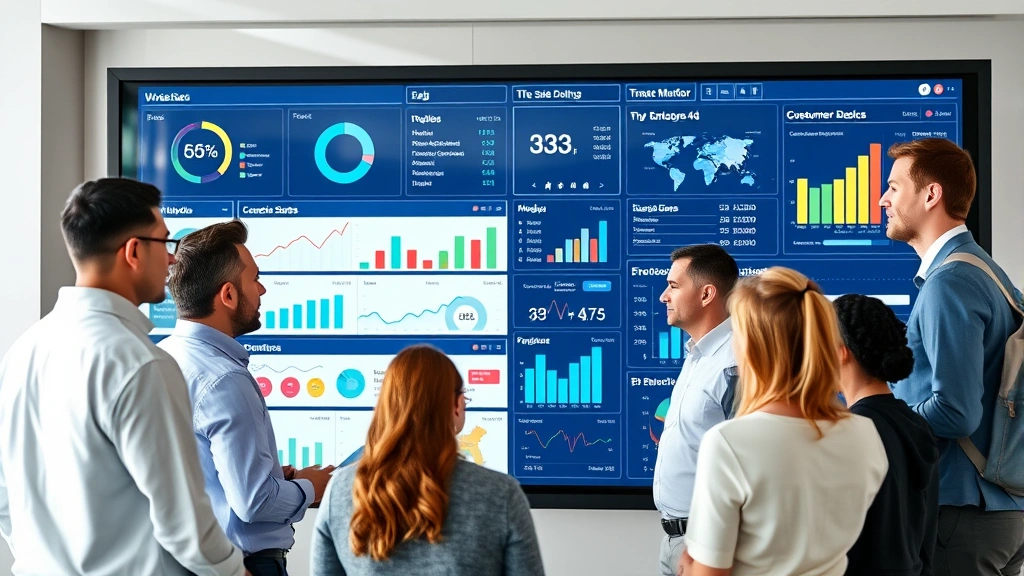 Diverse business team gathered around large digital dashboard displaying real-time sales analytics, consumer behavior metrics, and market performance indicators in collaborative setting