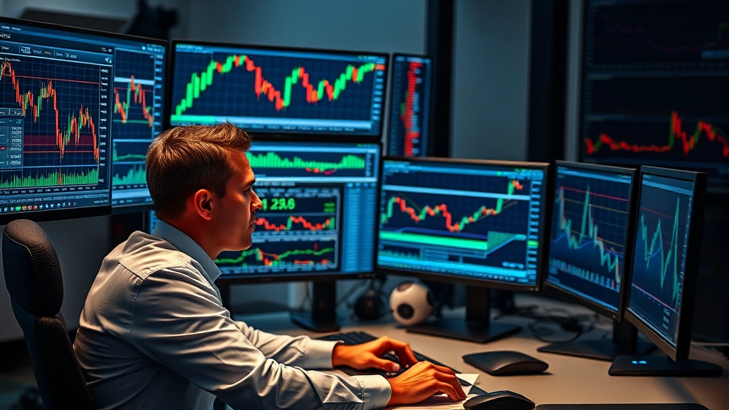 Professional trader sitting at desk with multiple monitors displaying financial charts, candlestick patterns, and market data in real-time; focused expression analyzing options trading information; modern office environment with dark theme trading interface visible on screens; photorealistic business setting