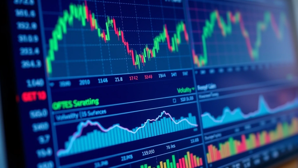Close-up of advanced charting interface showing volatility surfaces, options chains with strike prices, and technical indicators; multiple data visualization elements displayed simultaneously; professional analytical dashboard with graphs and metrics; clean modern design with blue and green color scheme