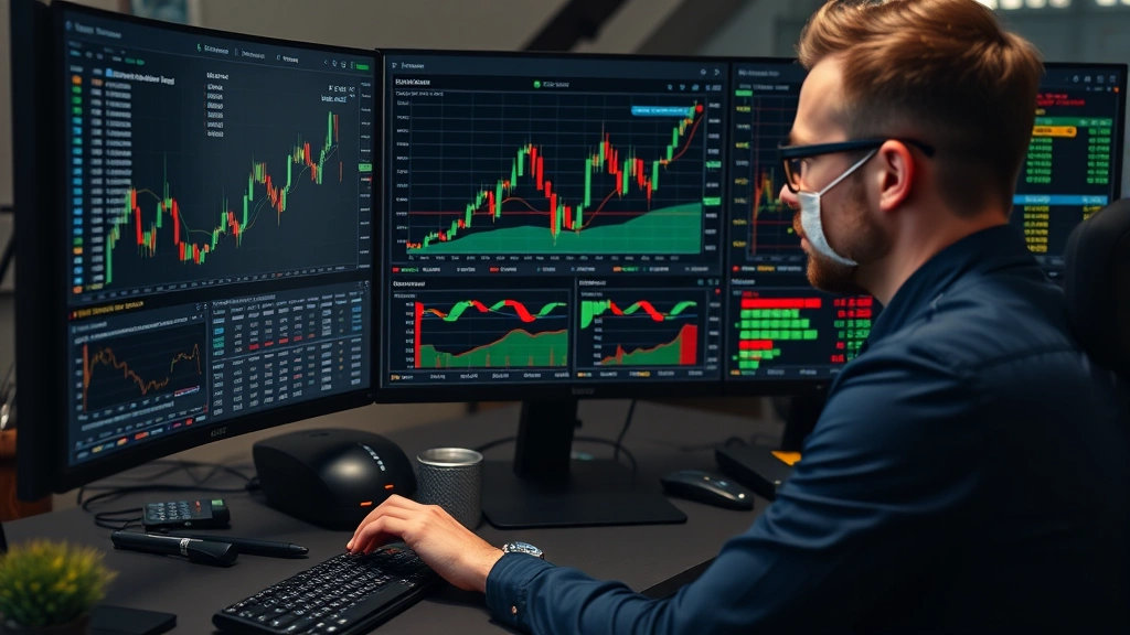 Trader reviewing portfolio risk metrics and position analysis on computer screen; graphs showing Greeks calculations (delta, gamma, theta, vega); risk management dashboard with probability distributions; professional financial analysis environment with detailed numerical data visible