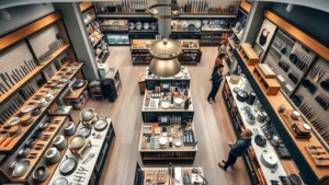Overhead view of a modern specialty kitchen retail shop with organized displays of premium cookware, knives, and culinary tools arranged by category, warm lighting, customers browsing, professional atmosphere