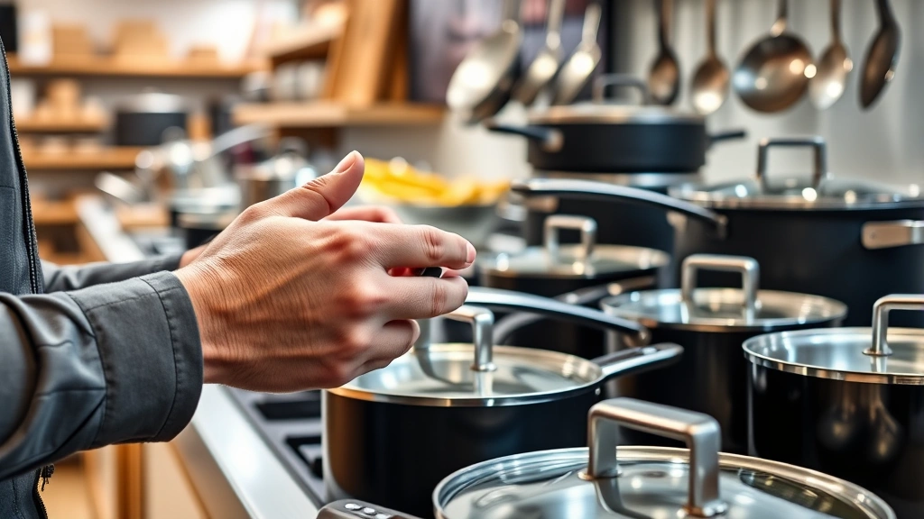 Close-up of hands examining premium kitchen equipment in a retail setting, showcasing texture and quality of high-end cookware and professional-grade culinary tools, natural lighting