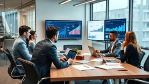 Professional business team conducting market research meeting in modern office conference room with data charts and analytics displayed on screens, diverse professionals collaborating around table with laptops and documents