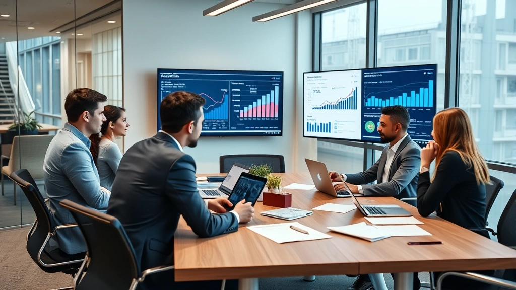Professional business team conducting market research meeting in modern office conference room with data charts and analytics displayed on screens, diverse professionals collaborating around table with laptops and documents