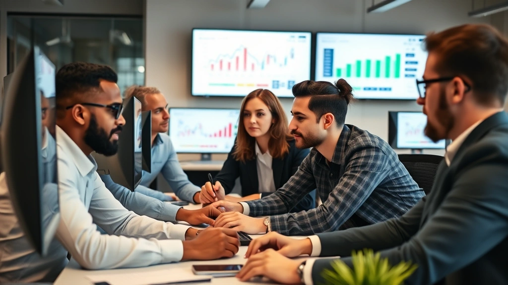 Diverse group of business professionals in casual office setting analyzing market data on multiple computer monitors, reviewing growth charts and customer analytics with focused expressions