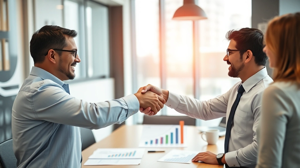 Business professionals celebrating successful market expansion milestone with handshake, modern office background with growth graphs and market development strategy documents visible on workspace