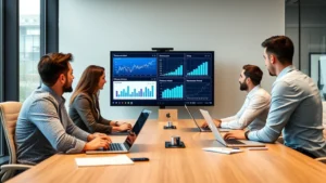 Professional business team in modern conference room analyzing market data on digital displays and charts, collaborative environment with laptops and analytical tools, contemporary office setting with natural lighting