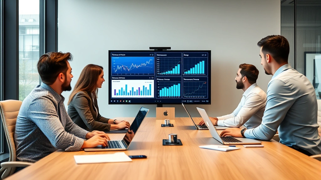 Professional business team in modern conference room analyzing market data on digital displays and charts, collaborative environment with laptops and analytical tools, contemporary office setting with natural lighting
