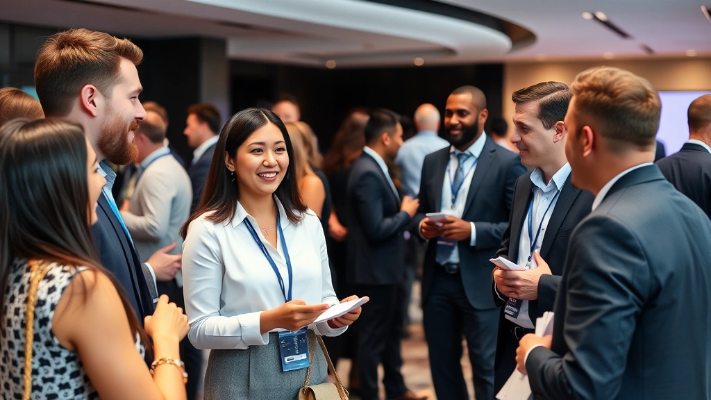 Diverse professionals networking at business conference, exchanging business cards and having conversations, modern venue with professional atmosphere, representing partnership and relationship building