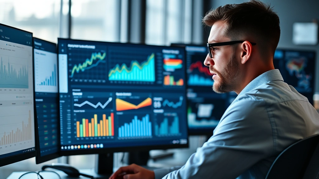Business executive reviewing market analytics dashboard on computer screen, data visualization showing growth charts and metrics, professional workspace with multiple monitors displaying business intelligence