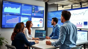 Professional business team analyzing market data on large digital displays in modern office, diverse professionals reviewing analytics dashboards and trend reports, contemporary workspace with multiple screens