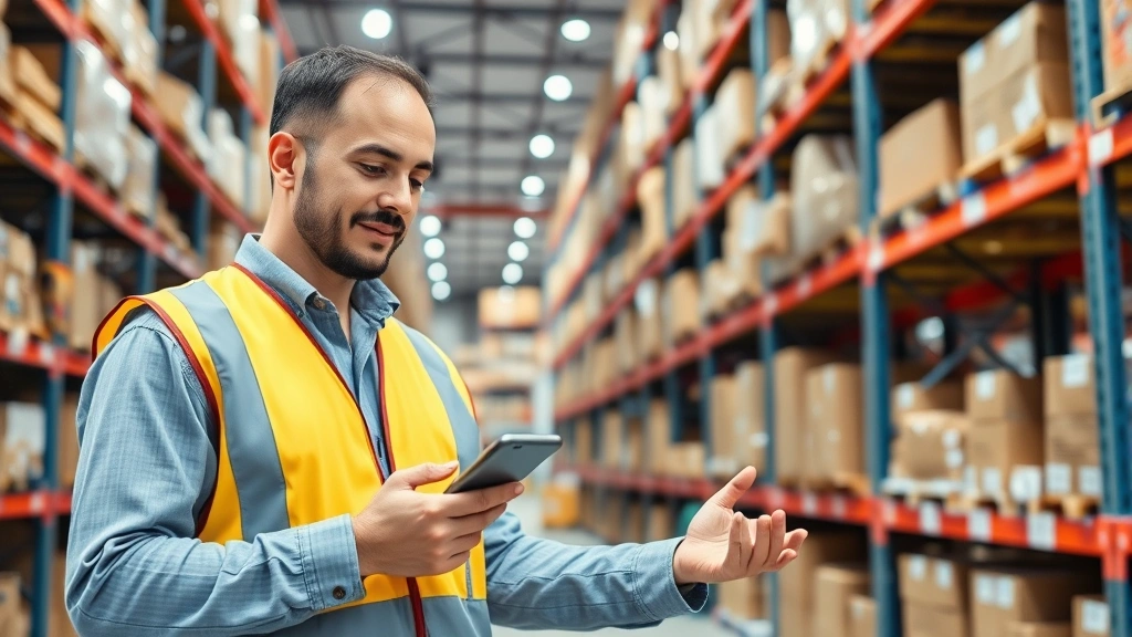 Efficient warehouse worker using mobile device for inventory management with shelves of organized products in background, real-time supply chain tracking technology, modern logistics facility