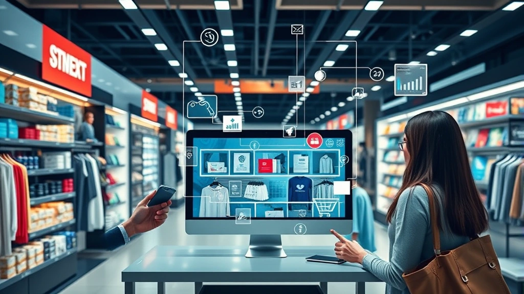 Customers shopping across multiple retail channels simultaneously - mobile phone, computer, and physical retail environment shown together, omnichannel retail experience, contemporary shopping technology