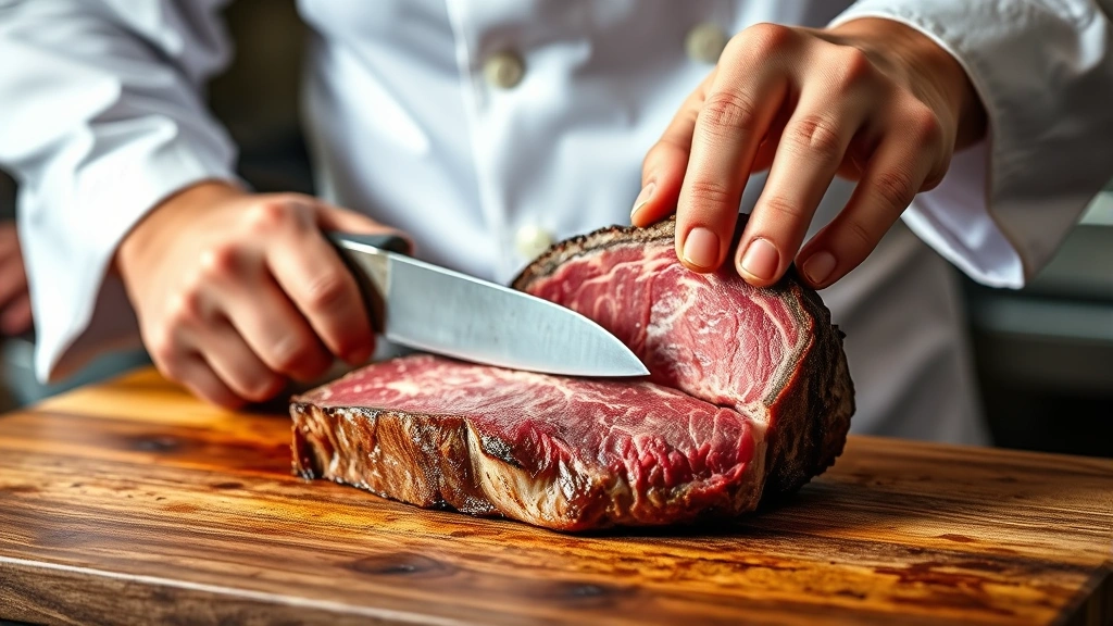 Professional butcher in white coat carefully trimming a dry-aged ribeye steak with sharp knife on wooden cutting board, bright professional kitchen lighting, close-up detail of marbling and meat quality