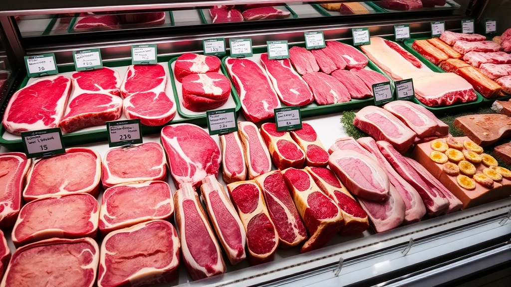 Organized butcher shop display case showing various premium cuts including ribeyes, strip steaks, lamb chops, and pork sections arranged artfully with price cards, clean glass display case, professional retail environment