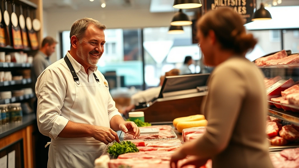 Experienced butcher in traditional white apron smiling while consulting with customer across counter, pointing at meat selection, professional butcher shop interior with warm lighting, genuine interaction between expert and client