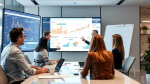 Professional business team in modern office analyzing market data on large digital displays and whiteboards, collaborative strategic planning session with charts and metrics visible