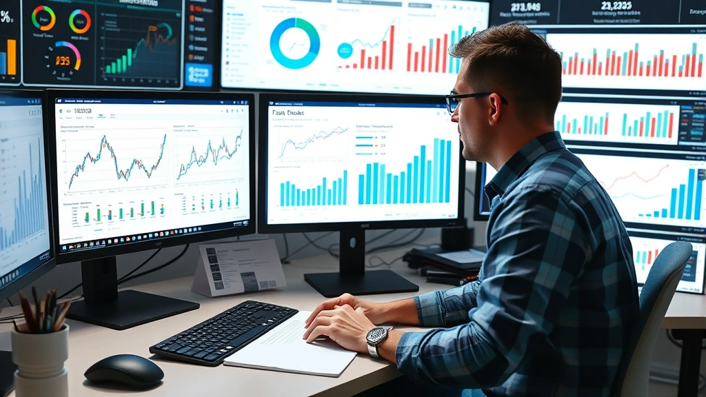 Data analyst reviewing competitive intelligence reports and market trend charts on computer screens, surrounded by business intelligence dashboards and performance metrics