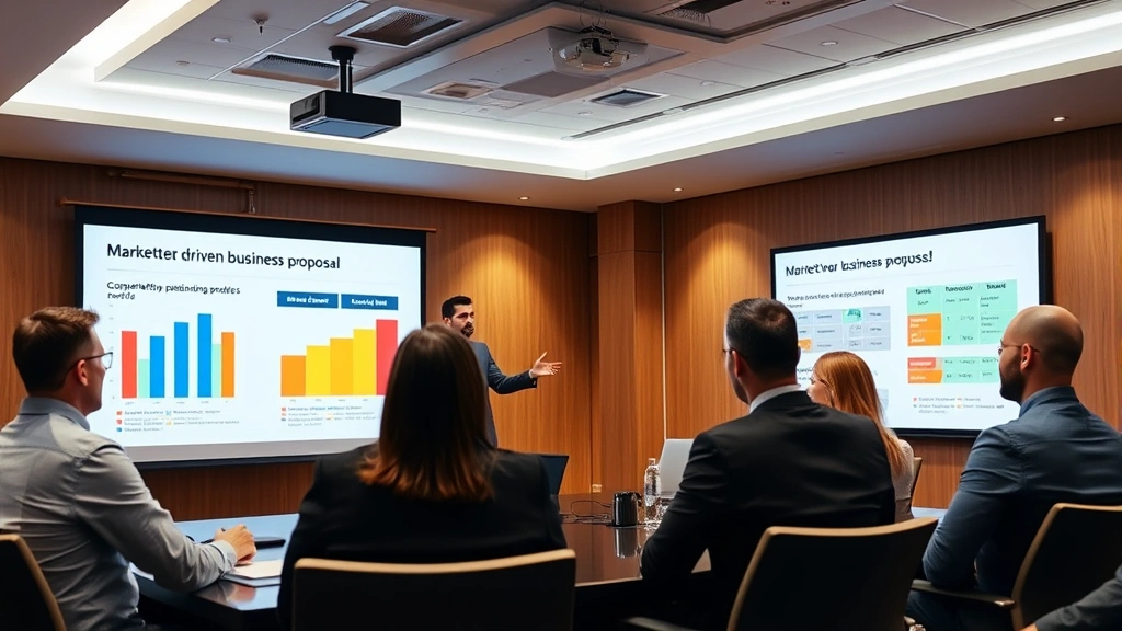 Executive presenting market-driven business proposal to stakeholders in boardroom, showing market analysis slides, competitive positioning matrices, and strategic recommendations on projection screens
