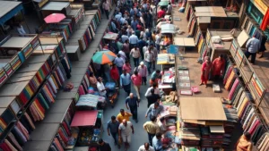 Aerial view of sprawling Mumbai marketplace with colorful vendor stalls, packed crowd of shoppers navigating narrow lanes between textile and merchandise displays, natural daylight, bustling commercial activity