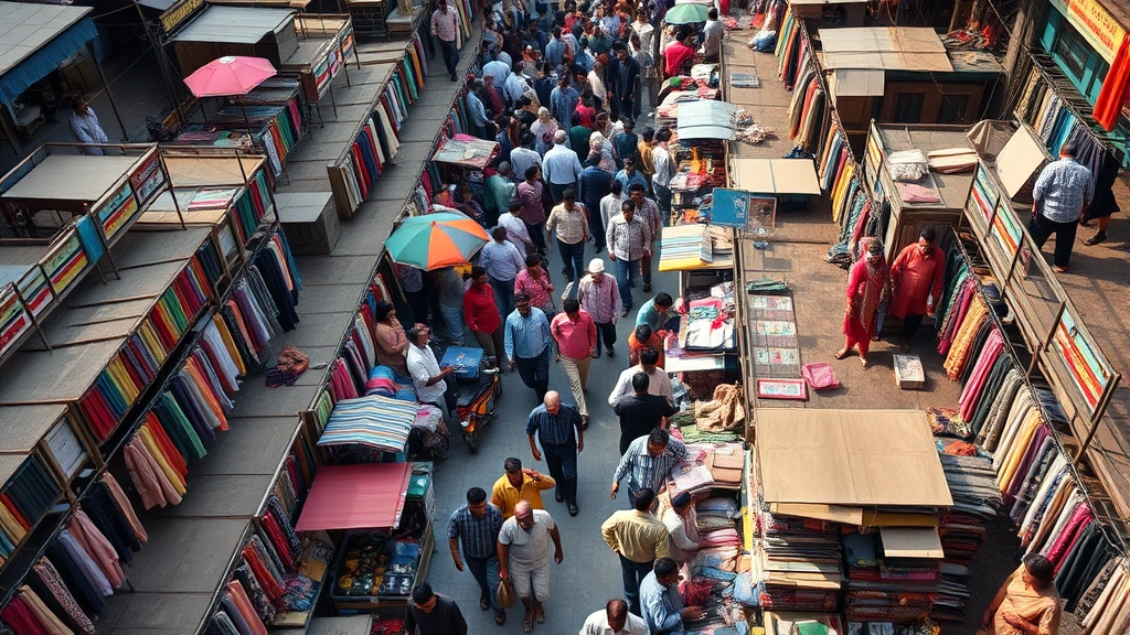 Aerial view of sprawling Mumbai marketplace with colorful vendor stalls, packed crowd of shoppers navigating narrow lanes between textile and merchandise displays, natural daylight, bustling commercial activity