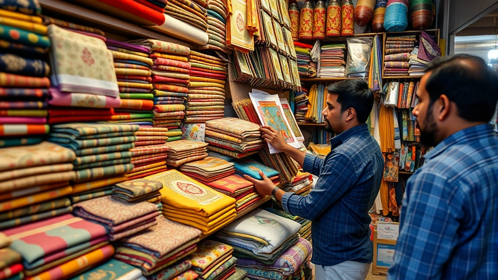 Close-up of marketplace vendor arranging merchandise on shelves, diverse products including fabrics and goods visible, organized retail display in traditional Indian market setting, authentic commercial environment