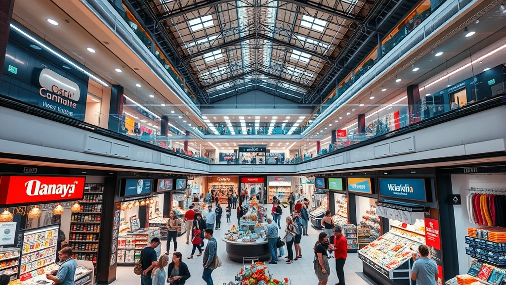 Wide angle of multi-story commercial complex with organized retail storefronts, customers browsing products, professional marketplace infrastructure with proper lighting and organized vendor spaces, modern traditional retail hybrid