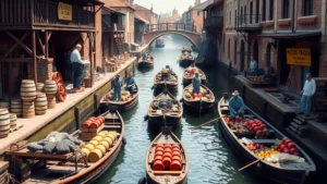 Historic canal system with boats transporting cargo barrels and goods, workers loading merchandise, industrial waterfront during 1800s era, natural lighting showing period commerce activity