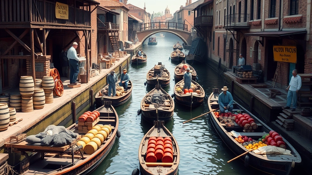 Historic canal system with boats transporting cargo barrels and goods, workers loading merchandise, industrial waterfront during 1800s era, natural lighting showing period commerce activity