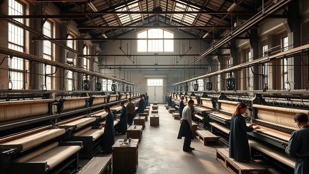 Factory interior with mechanical looms and textile workers operating equipment, industrial revolution manufacturing floor, natural window light, multiple workers in organized production space