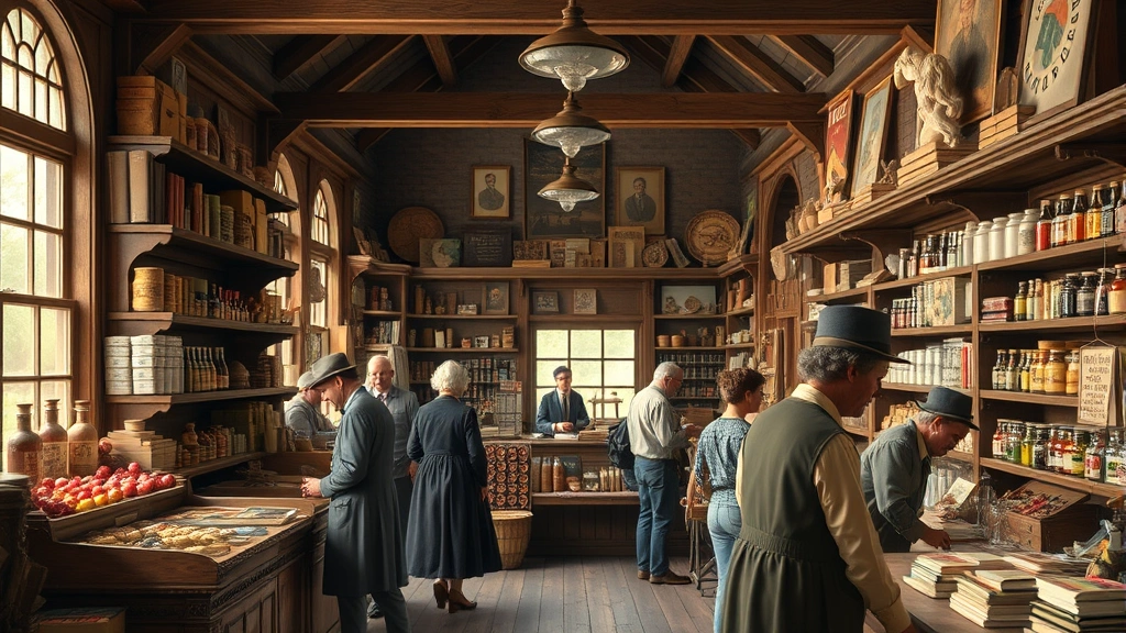 Bustling 19th century general store interior with shelves of diverse merchandise, customers browsing products, merchant behind counter, period-appropriate goods displayed, warm natural lighting