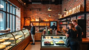 Professional artisan sandwich shop interior with exposed brick walls, wooden counters displaying fresh ingredients in glass cases, warm ambient lighting, customers ordering at counter, rustic shelving with bread loaves and condiment jars, modern yet traditional aesthetic