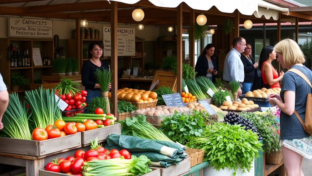 Farmer's market scene with small-scale producers selling fresh produce, artisanal breads, and specialty ingredients to restaurant owners and consumers, wooden farm stand displays, diverse fresh vegetables and herbs, community engagement atmosphere