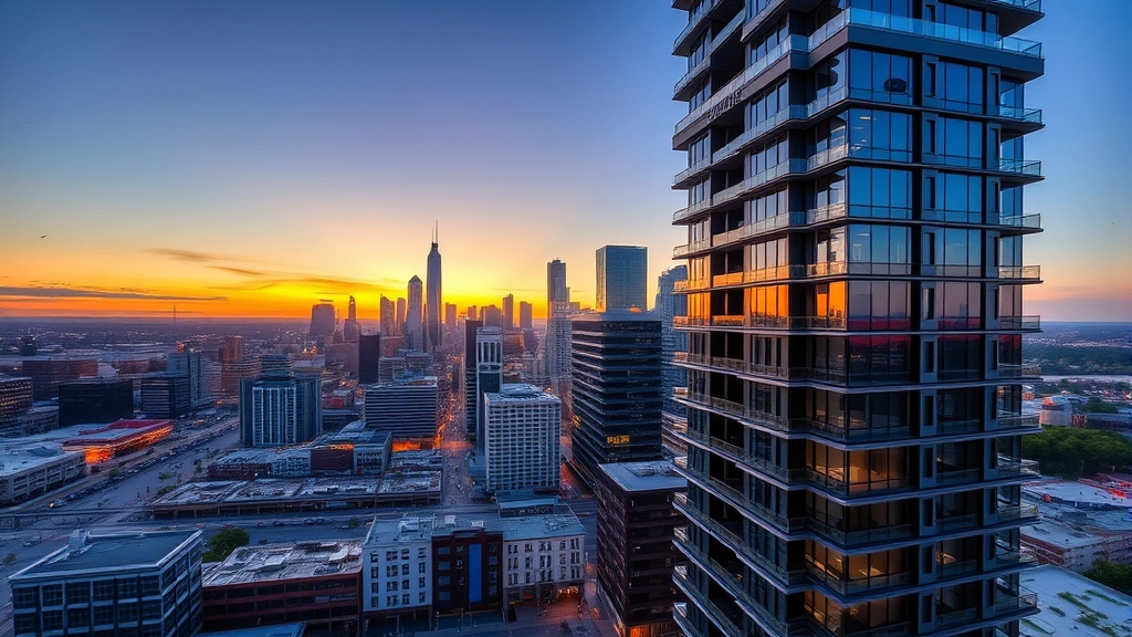 Modern high-rise residential tower with glass and steel architecture overlooking downtown Houston skyline at sunset, showing urban landscape with multiple buildings and street-level activity
