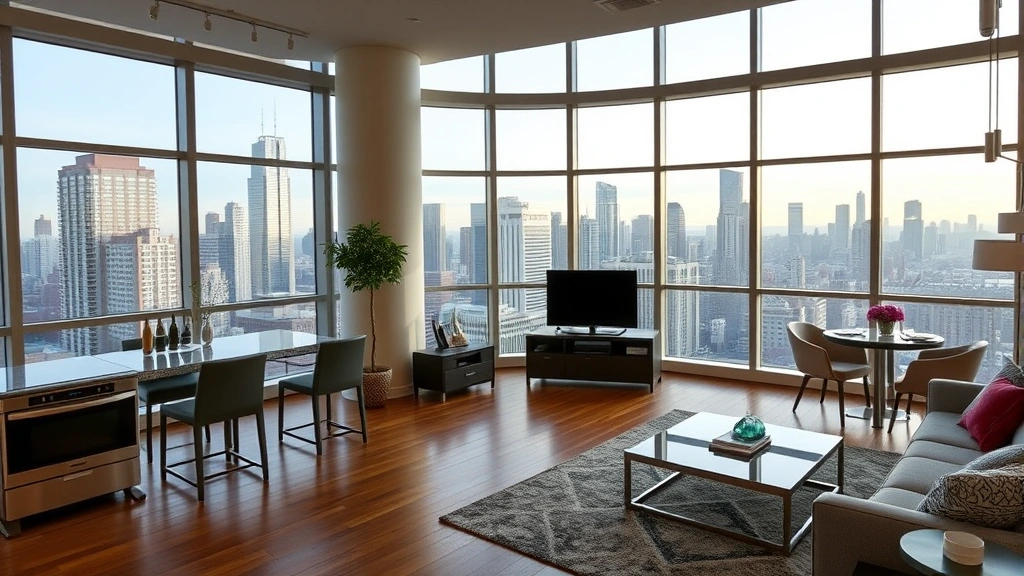 Luxury apartment interior featuring floor-to-ceiling windows with downtown skyline views, contemporary furniture, stainless steel appliances, hardwood flooring, and modern lighting fixtures