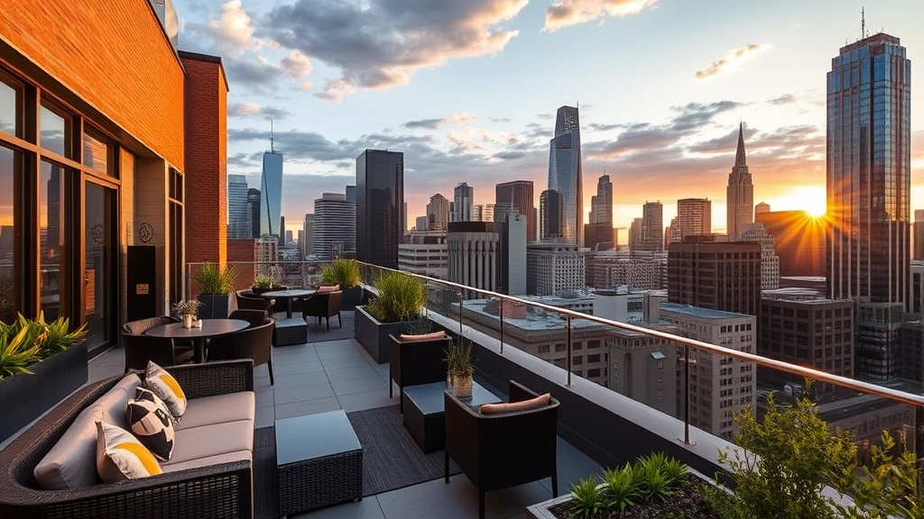 Rooftop terrace and lounge area with comfortable seating, landscape design, and panoramic views of downtown Houston's business district and cultural institutions at golden hour