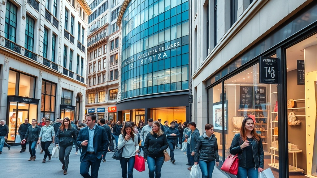 Busy urban shopping street with pedestrians carrying shopping bags, modern storefronts with bright window displays, bustling daytime foot traffic, architectural mix of historic and contemporary buildings, professional merchandise presentation
