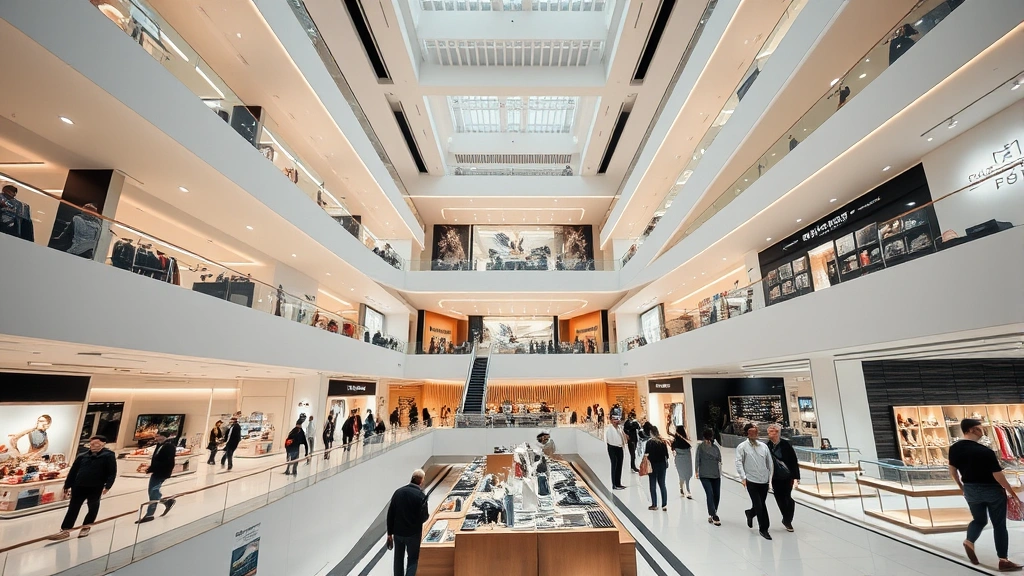 Interior view of modern department store with multiple retail levels, elegant product displays, professional lighting design, diverse shoppers browsing merchandise, contemporary retail environment with polished surfaces