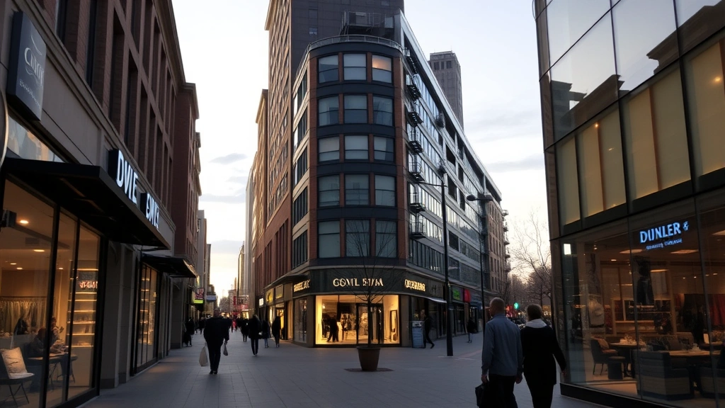 Urban retail corridor at dusk with illuminated storefront windows, evening shopping activity, professional street-level retail design, pedestrian-focused commercial environment, atmospheric retail district lighting