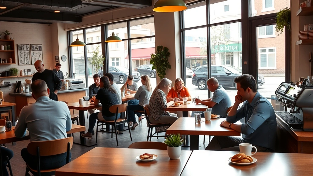 Bustling cafe interior with customers enjoying beverages and pastries at wooden tables, barista crafting latte behind espresso machine, warm natural lighting through large windows showing neighborhood street