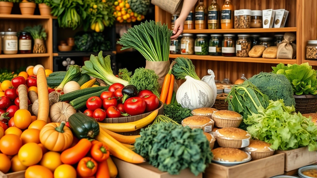 Farm-fresh produce and artisanal products arranged on wooden display shelves, close-up of hands arranging organic vegetables and local bakery items, professional food service presentation