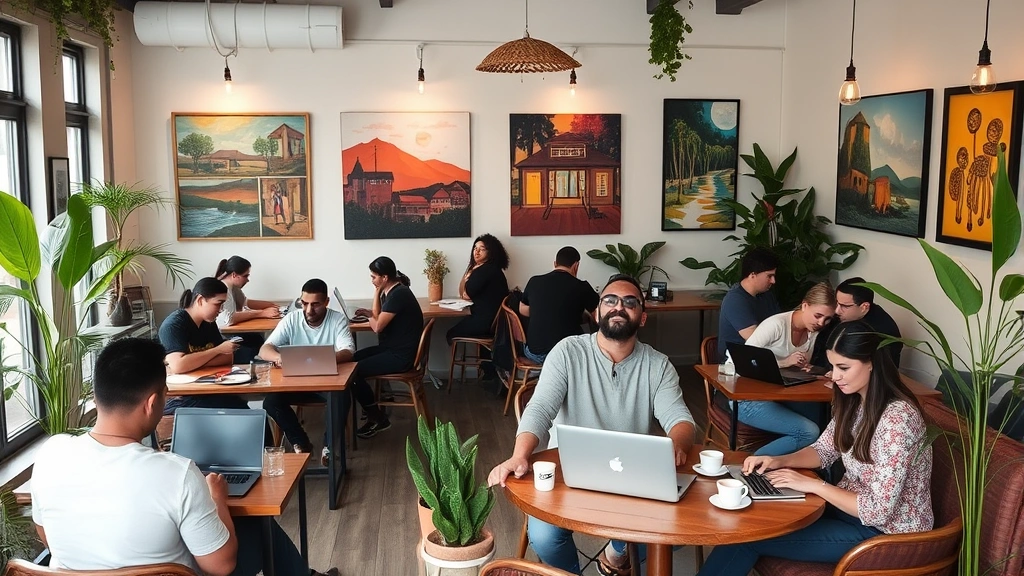 Community gathering space with diverse customers working on laptops and conversing in comfortable seating areas, local artist artwork displayed on walls, cozy neighborhood cafe atmosphere with plants and warm ambiance