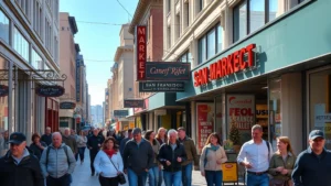 Busy Market Street San Francisco pedestrian corridor at midday with diverse shoppers walking past storefronts, modern retail signage, and urban architecture, natural daylight, authentic street scene