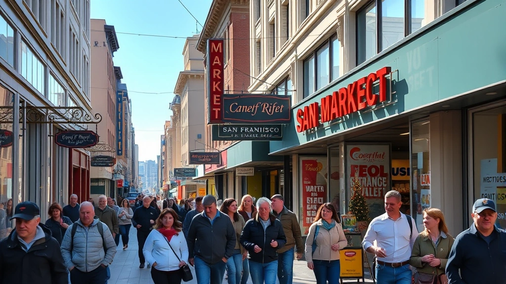Busy Market Street San Francisco pedestrian corridor at midday with diverse shoppers walking past storefronts, modern retail signage, and urban architecture, natural daylight, authentic street scene