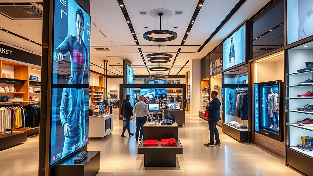 Interior of contemporary retail store on Market Street showing digital displays, interactive shopping technology, modern merchandise presentation, and customer engagement elements, professional photography